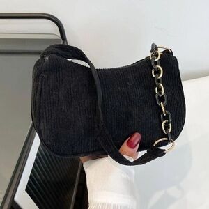 Black Corduroy Velvet Shoulder Bag withChain Strap Detail + Gold Hardware